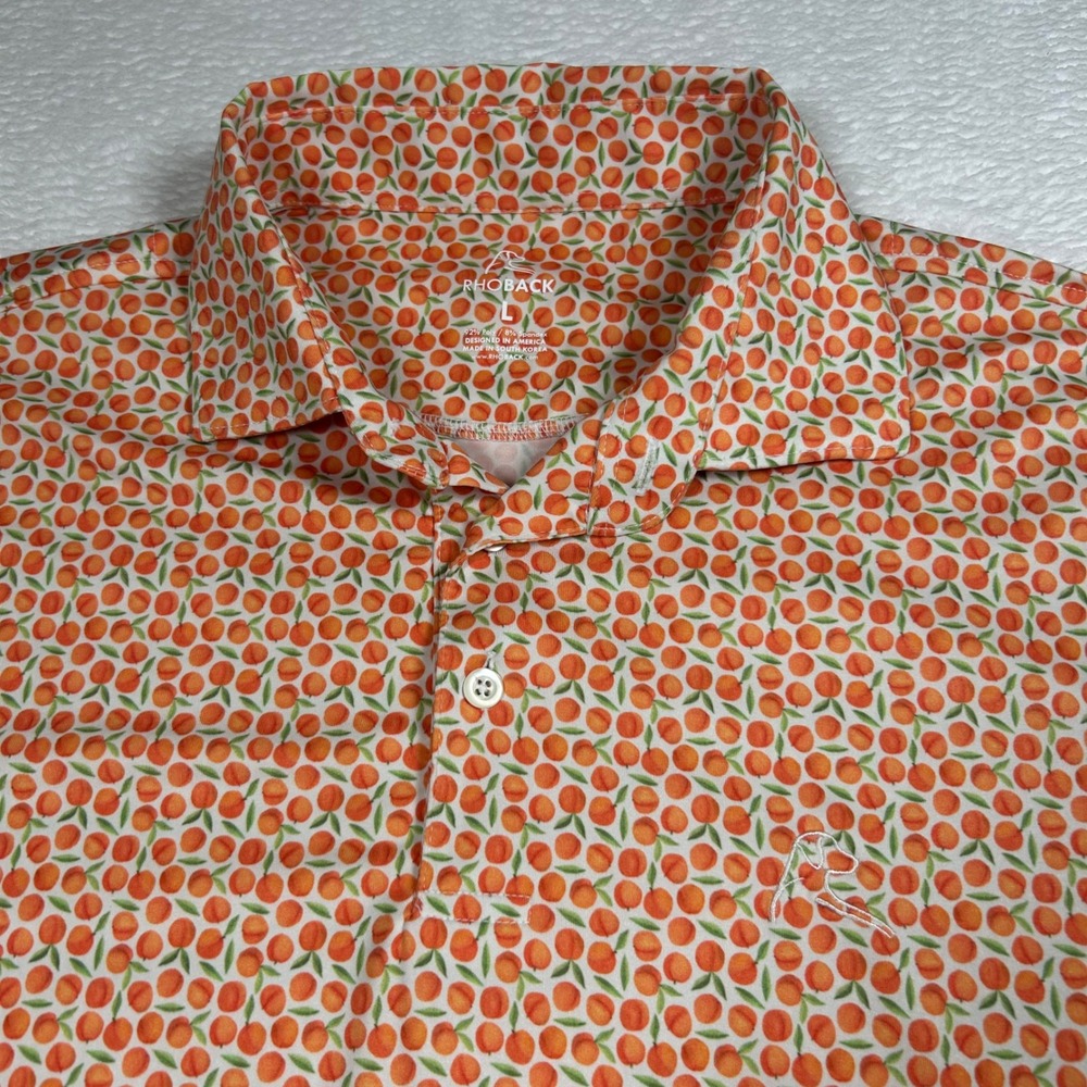 Rhoback The Georgia Peach Polo Shirt Short Sleeve Mens Large Orange Fruit Print